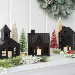 3pc Lit Metal House Decorative Christmas Figurine Set - Wondershop™ Black: Tabletop Indoor Decor, Battery-Powered
