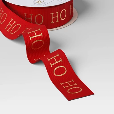 30' Christmas Fabric Ribbon Red Glitter Ho Ho Ho On Satin - Wondershop™ 2 30' Christmas Fabric Ribbon Red Glitter Ho Ho Ho On Satin - Wondershop™ - Image 2