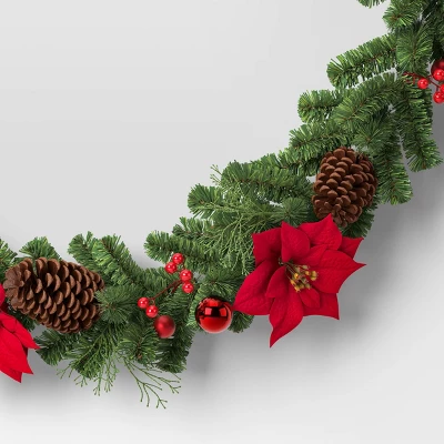 6' Cedar With Poinsettia Flowers And Pinecones Christmas Artificial Garland - Wondershop™: Traditional Decor, Indoor/Sheltered Outdoor Use 2 6' Cedar With Poinsettia Flowers And Pinecones Christmas Artificial Garland - Wondershop™: Traditional Decor, Indoor/Sheltered Outdoor Use - Image 2