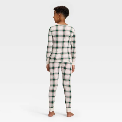 Kids' Plaid Ribbed Long Sleeve Shirt And Pants Holiday Matching Family Pajama Set - Wondershop™ Cream 1 Kids' Plaid Ribbed Long Sleeve Shirt And Pants Holiday Matching Family Pajama Set - Wondershop™ Cream