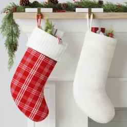 20" Christmas Plaid Stocking With Cuff Red Base - Wondershop™
