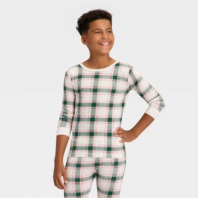 Kids' Plaid Ribbed Long Sleeve Shirt And Pants Holiday Matching Family Pajama Set - Wondershop™ Cream 2 Kids' Plaid Ribbed Long Sleeve Shirt And Pants Holiday Matching Family Pajama Set - Wondershop™ Cream - Image 2
