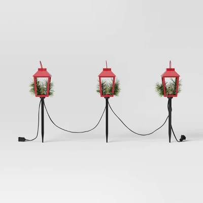 3pc Incandescent Red Metal Lantern With Greenery Christmas Novelty Path Light Clear - Wondershop™: UL Listed, Festive Outdoor Decor 2 3pc Incandescent Red Metal Lantern With Greenery Christmas Novelty Path Light Clear - Wondershop™: UL Listed, Festive Outdoor Decor - Image 2