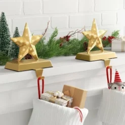 2pk Christmas Lit Metal Perforated Star Stocking Holder Gold - Wondershop™